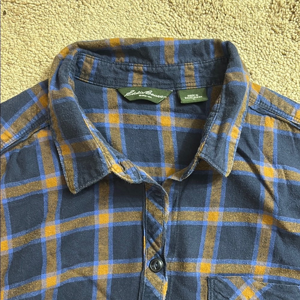 Eddie Bauer Women’s Blue and Orange Casual Flannel Button Down Shirt